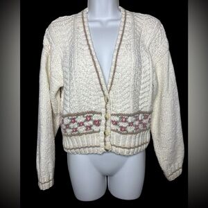 VTG Lizsport Chunky Handknit Cropped Cardigan Women’s Size S Cream Grandmacore